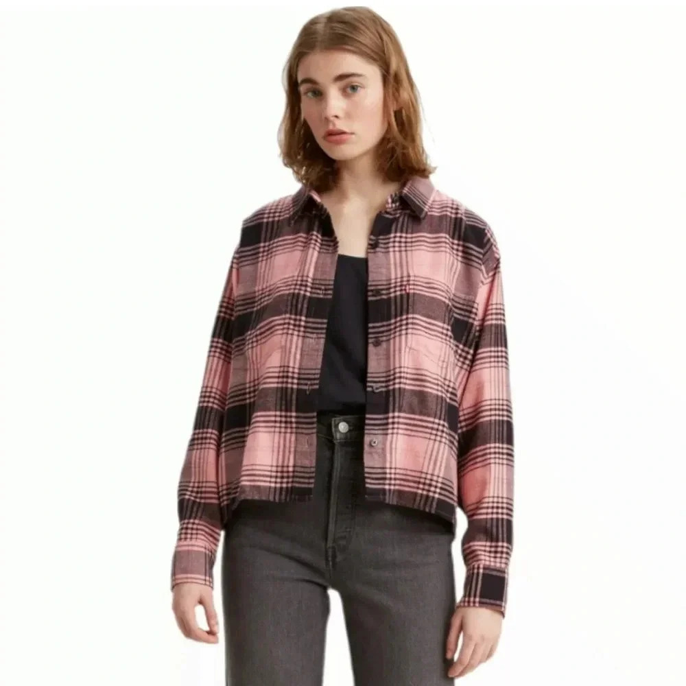 Levi's Maple Cotton Plaid Utility Shirt, Sz M, Pink, Navy Blue Cropped Flannel - Picture 1 of 7